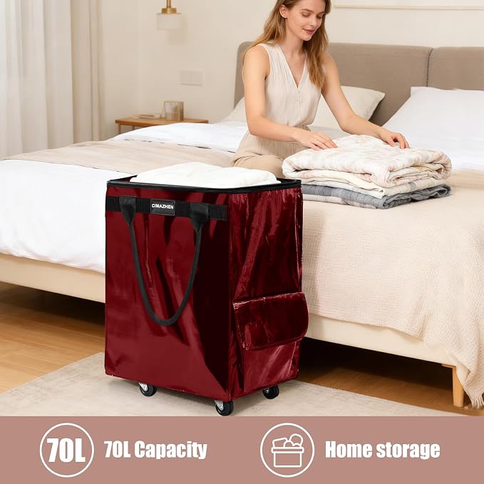 (Medium,Red) Reusable Grocery Bag on 4 Wheels, 70L Foldable Rolling Tote Bag with 3 Handles and Zipper, Rolling Shopping Cart for Groceries, Storage, Laundry, Travel, Organizer, 76lb