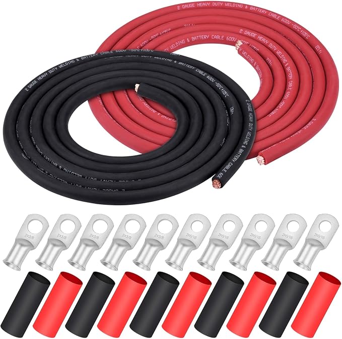 iGreely 2 AWG Gauge Wire 10 Feet Black + 10 Feet Red Welding Battery Pure Copper Ultra Flexible Cable + 5pcs of 5/16" & 5pcs 3/8" Copper Cable Lugs Terminal Connectors+Heat Shrink Tubing