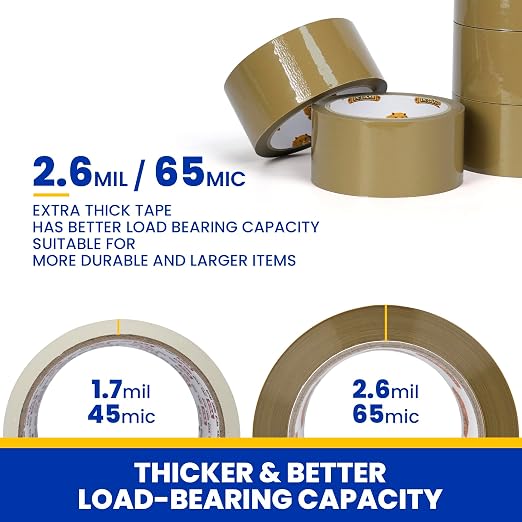 TAPEBEAR Low Noise Brown Packing Tape 72 Yards Extra Length, 1.88Inch-Wide Packaging Tape Refills, Secure Sticky Brown Tape 2.6Mil Heavy Duty for Moving, Shipping, Sealing, 12Rolls Total 864Yards