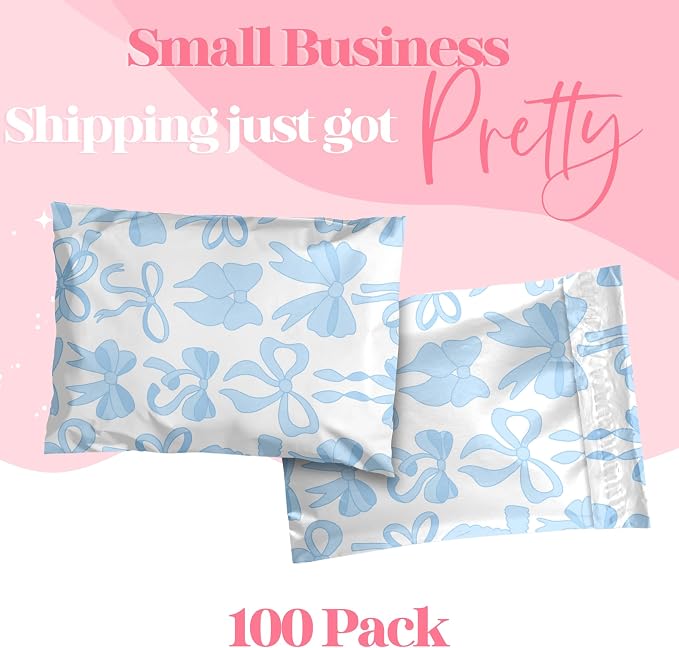 Pretty Package Store 10x13 Designer Poly Mailer 100 Pack Heavy Duty Waterproof Self Seal Shipping Bags for Small Business Large Mailing Envelopes Bulk Tear Resistant Packaging Blue Bows