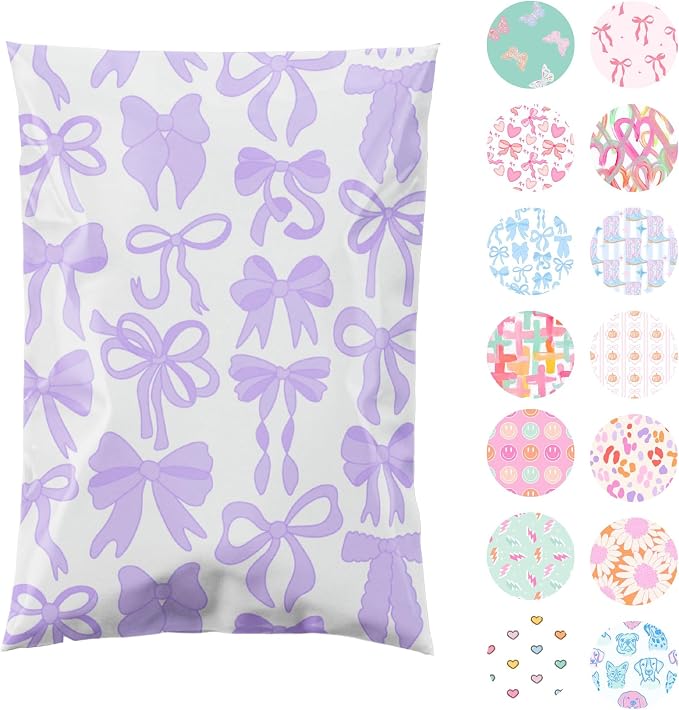 Pretty Package Store 14.5x19 Designer Poly Mailer 100 Pack Heavy Duty Waterproof Self Seal Shipping Bags for Small Business Large Mailing Envelopes Bulk Tear Resistant Packaging Purple Bows