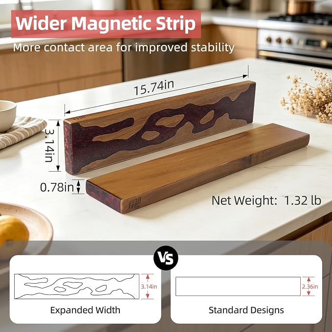 FINDKING Magnetic Knife Strip for Wall, Solid Acacia Wood with Deep Red Resin Inlay, Wall-Mounted Knife Holder with Strong Magnetic Hold, No-Drill Adhesive Mount (16 Inch)