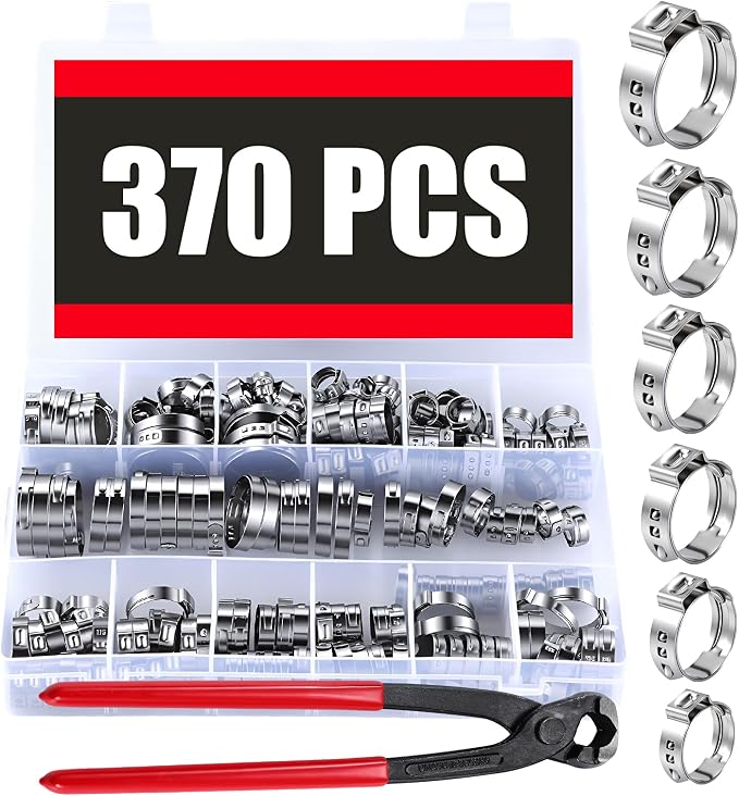 370pcs 16 Sizes Single Ear Hose Clamps, 5.3-36.1mm 304 Stainless Steel Crimp Hose Clamps,Cinch Rings Assortment Kit for Automotive, Pipe, Plumbing, Home Appliance Line with Ear Clamp pincer