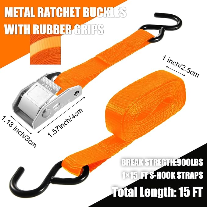 Riakrum 16 Pcs Cambuckle Tie Down Straps 1763lbs Break Strength Securing Straps 1'' x 15 ft Cambuckle Tie Downs with S Hook for Motorcycle, Kayak, Car, Truck, Boat Moving, Securing Cargo (Orange)