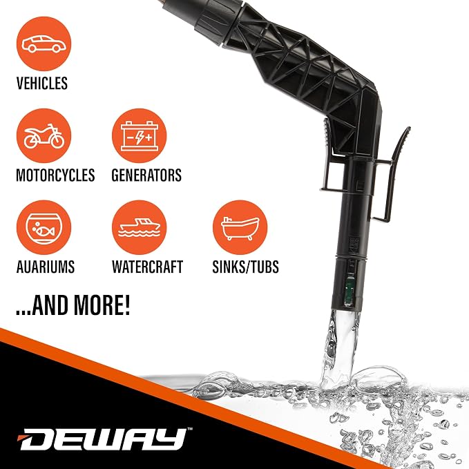 Deway Battery Stick Pump Automatic Fuel Transfer with Auto-Stop & PVC Hose - 2.5 GPM Siphon Pump for Gasoline, Diesel, Kerosene, DEF, Antifreeze, Gas Cans, Generators, Lawn Mowers, Boats, ATVs