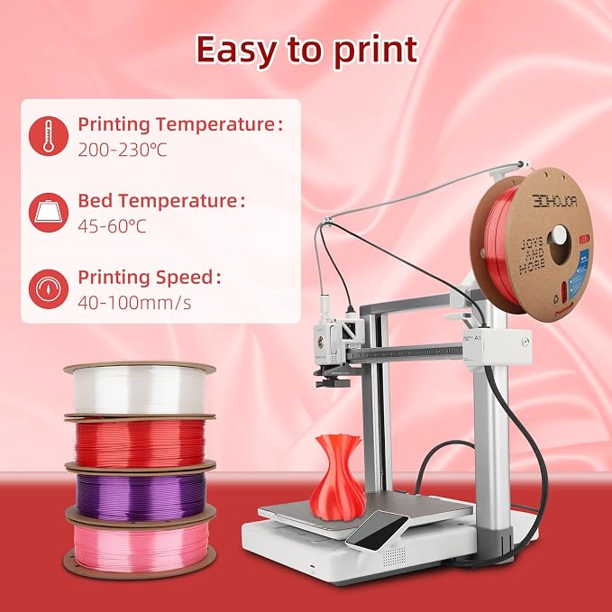 3DHoJor Silk PLA Filament 1.75mm, PLA Filament 1.75mm Silk Shiny 3D Printer Filament, 1kg Cardboard Spool (2.2lbs), Dimensional Accuracy +/- 0.03 mm, Fit Most FDM Printer（Red）