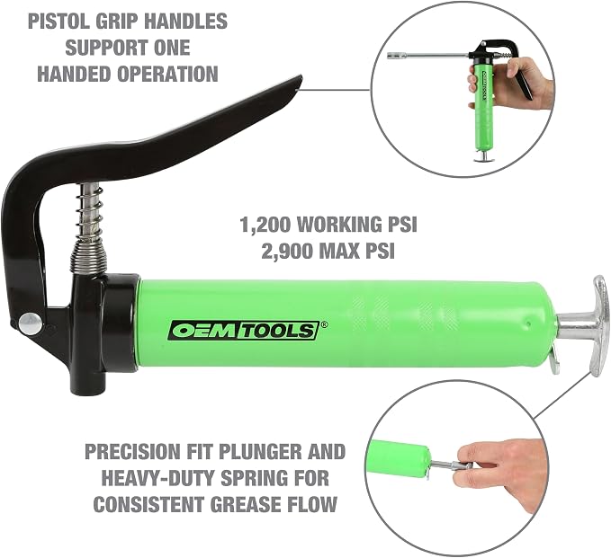 OEMTOOLS 87207 Mini Pistol Grip Grease Gun, Mini Grease Guns, Aluminum Grease Gun, Small Grease Gun, Maximum PSI of 2,900, Green