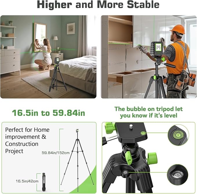 Laser Level with Tripod, Huepar 150Ft Lazer Leveler for Outdoor Use, 150° Vertical Green Cross Line Leveller Laser for Picture Hanging, Tile, Construction Project (4 AA Batteries Include)
