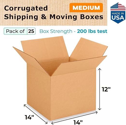 Medium Moving & Shipping Boxes 14"L x 14"W x 12"H (25-Pack) - Extra Strength 200 lb vs Regular - USA-Made Corrugated Easy-to-Recycle Cardboard Boxes - Corrugated Packaging Box by IDL Packaging