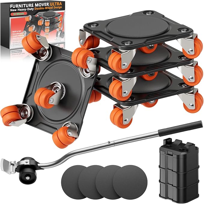 ONEON Heavy Duty Furniture Movers with Wheels Dolly with Auxiliary Lifter, All-New Upgraded Carbon Steel Panels & Dual-Wheeled Casters, Supports up to 2200 lbs (XL)