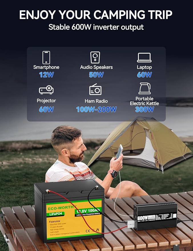 ECO-WORTHY 600W Inverter Charger, 600W Pure Sine Wave Inverter & 30A LiFePO4 Battery Charger with 20ms UPS, DC 12V to AC 110V, Output Surge 1200W, for RV Lithium Batteries Roadtrip Essentials