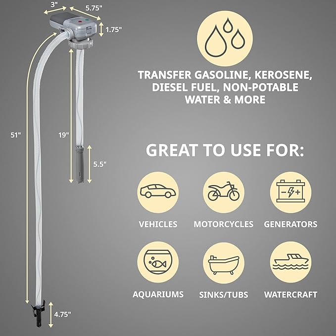 Deway Automatic Fuel Transfer Pump w/Auto-Stop, 2.2 GPM Flow Rate & AA Battery Powered, Advanced Adapter Fits All Size Cans, Extra Long Hose, Portable Liquid Pump for Gasoline, Diesel Fuel & More