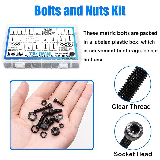 1108PCS Metric Screw Assortment Kit, M3 M4 M5 M6 Metric Bolts and Nuts Kit with with Lock & Flat Washers, 12.9 Grade Alloy Steel Hex Socket Head Cap Screws for 3D Printing