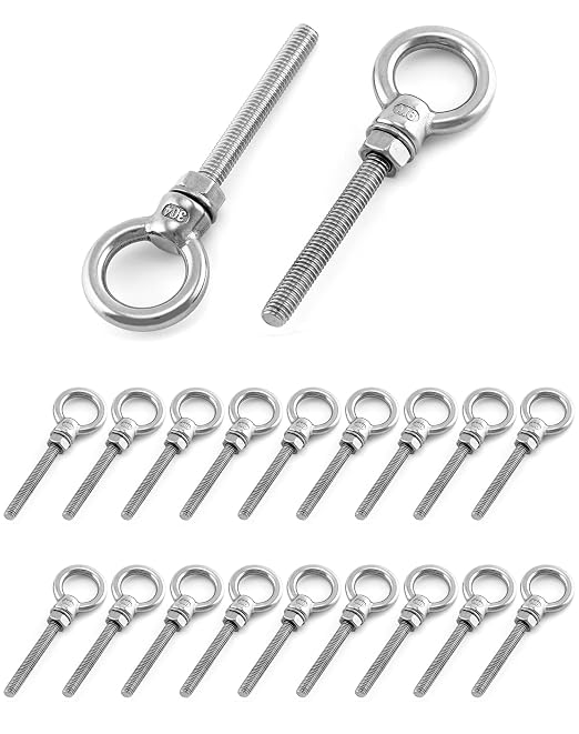 QWORK 1/4" x 2" Stainless Steel Shoulder Eye Bolts – 20 Pack for Wood, Metal & Cable Fixing