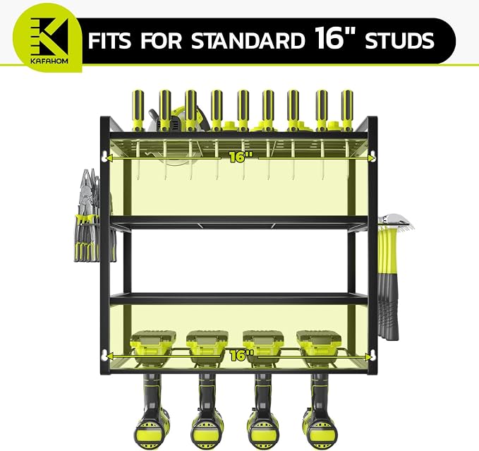 KAFAHOM Power Tool Organizer, Garage Tool Organizers and Storage,Drill Holder Wall Mount, Storage Rack for Cordless Drill, Heavy Duty Tool shelf with Screwdriver Holder/Pliers Holder/Hammer Holder