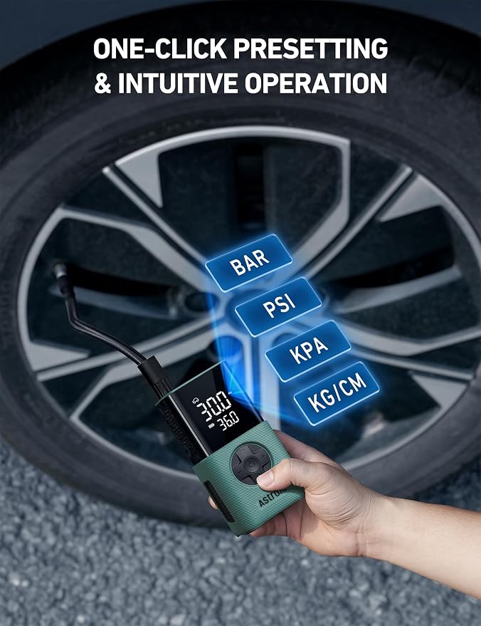 AstroAI L7S Tire Inflator Portable Air Compressor Cordless with Digital Pressure Gauge, 150 PSI LED Light Bike Air Pump with Fast Inflation & Auto Shut-Off for Car Tires,Motorcycles,Bikes,Balls,Green