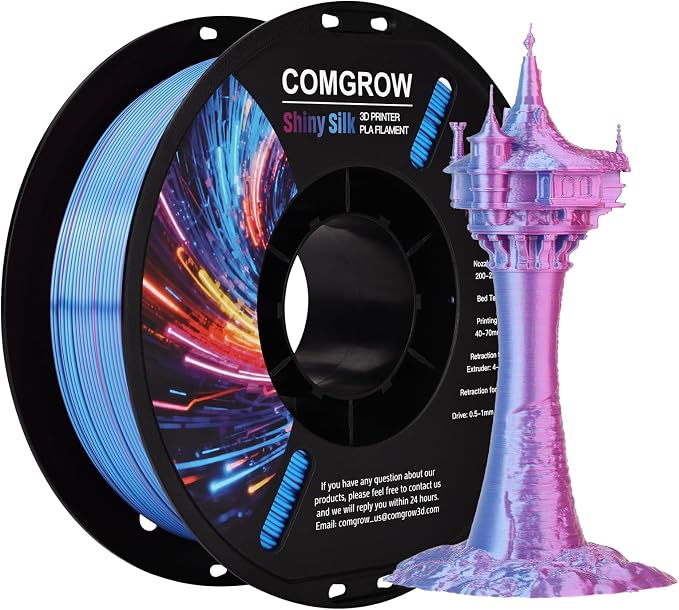 Comgrow Silk PLA 3D Printer Filament, Dual Color 2 in 1 Blue and Rose Red, 3D Printing PLA Filament 1.75mm, Dimensional Accuracy +/- 0.02 mm, 1KG Spool, Coextrusion Shiny Silk 3D Filament