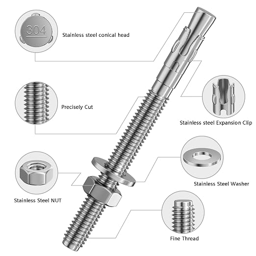 Wensilon 5Pcs 5/8x7 Inch Standard Fasteners for Heavy-Duty 304 Stainless Steel Wedge Anchors for Cement and Concrete