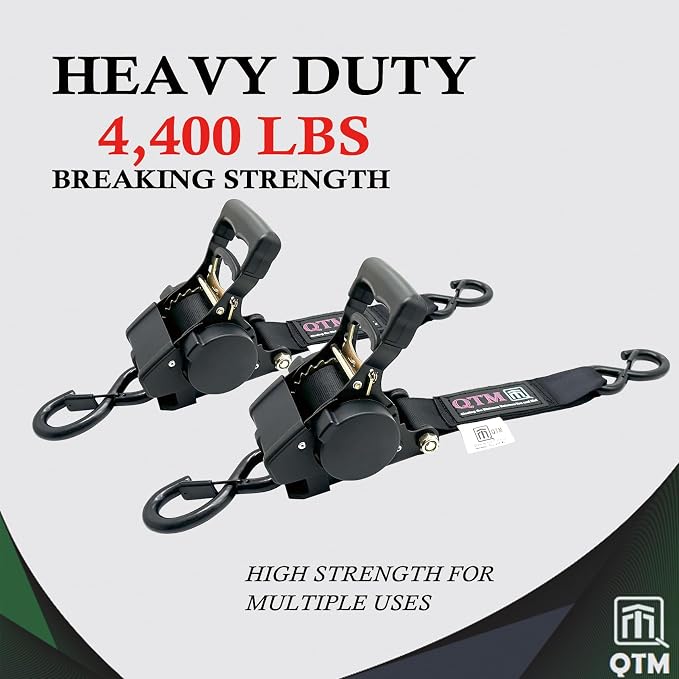 QTM Heavy Duty Retractable Ratchet Straps - 2 Inch X 10Feet, 4,400lbs Breaking Strength - Truck, Cargo Trailer, Motorcycle Tie Down Straps - 2 Pack with Bag (Black)