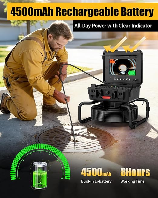 Sewer Camera Self Leveling with 512Hz Sonde & 50m/165ft 7mm Cable, 10" IPS 1080P Drain Camera Pipe Inspection Equipment with DVR Recorder, Keyboard & Meter Counter for Plumbing Professionals