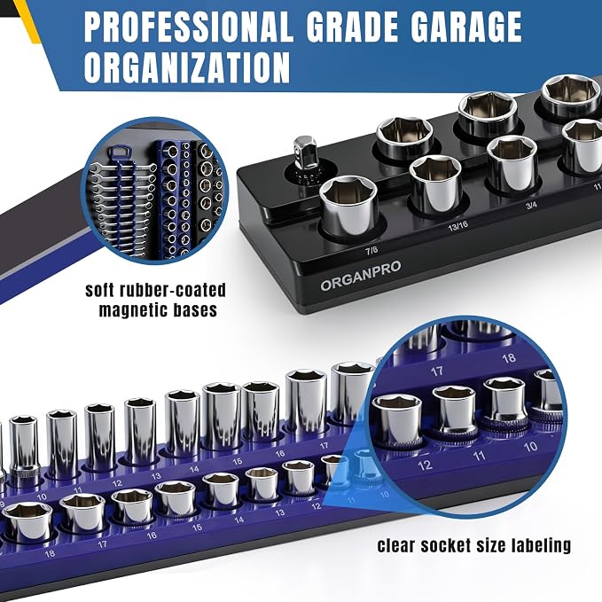 9PCS Magnetic Socket Organizer & Magnetic Wrench Organizer Set | 3 Color Socket Holder for 1/4” 3/8” 1/2” Metric SAE, Socket&Wrench Holder for Tool Box Drawer, Socket Wrench not Included
