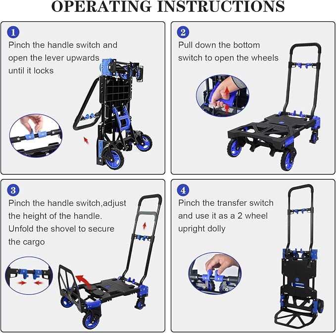 2 in 1 Folding Hand Truck with Folding Basket,Heavy Duty Hand Truck Dolly 330lbs Capacity with Telescoping Handle and Rubber Wheels,Portable Dolly Cart with Bungee Cords for Moving