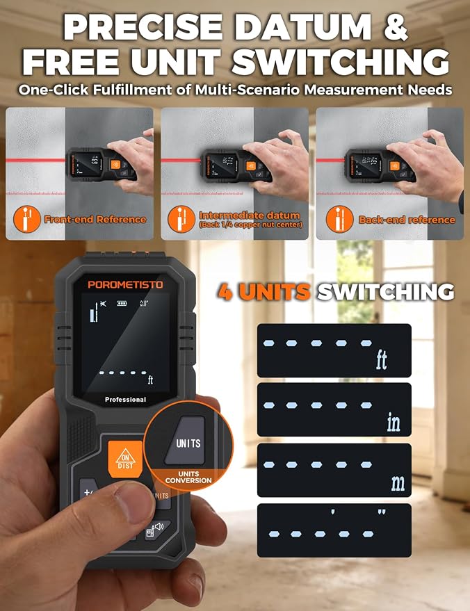 Laser Distance Meter POROMETISTO 164ft/50m, Digital Angle Finder, 12 Modes for Angle Area Volume Pythagorean Distance, ±2mm High Accuracy, Tripod Interface Design Handheld Digital Rangefinder
