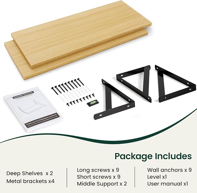 Floating Shelves 12 Inch Deep, 36W x 12D Wall Shelf Set of 2, 60 lbs Heavy Duty Reversible Metal Brackets, Deep Industrial Book Shelf for Living Room Kitchen Bath Bedroom Coffee Bar, Oak