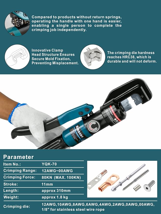 10 Ton Hydraulic Battery Cable Crimper – Single-Hand Return, 9 Hex Dies for 12-2/0 AWG, 180° Rotating Head, Pro Terminal Tool for Car/RV/Marine Power