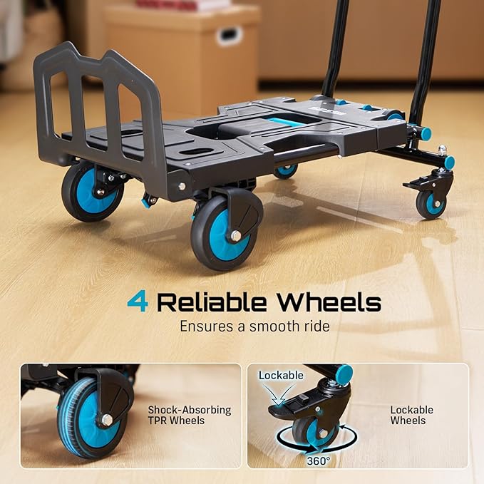 SEESII Foldable Dolly Cart with Wheels, 330 lbs Max Capacity Portable Hand Cart, 2-in-1 Heavy Duty Folding Hand Truck with Adjustable Retractable Handle for Moving, Delivery, Warehouse Use