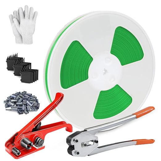 Heavy Duty Banding Strapping kit Contain 1/2" x 3200" Polyester (PET) Packaging Straps & 50 Metal Seals 20 Plastic Edge Protectors Tensioner with Cutter Sealer Tool Glove