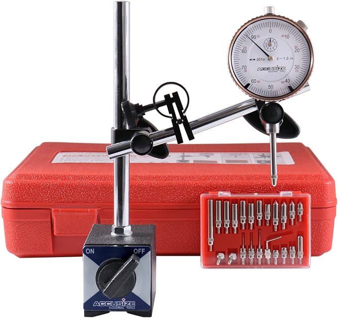Accusize Industrial Tools 3 Pc Set, 110 Lb Capacity Magnetic Base, 0-1'' by 0.001'' Dial Indicator and 22 Ps Indicator Point Kit, Eg01-1039