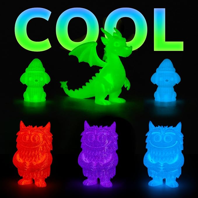 AMOLEN Silk Glow in the Dark Filament Multicolor, Glow Filament Silk Green, Blue, Purple, Orange Red 1.75mm PLA Filament, Dimensional Accuracy +/- 0.02 mm, 200g X 4 Pack