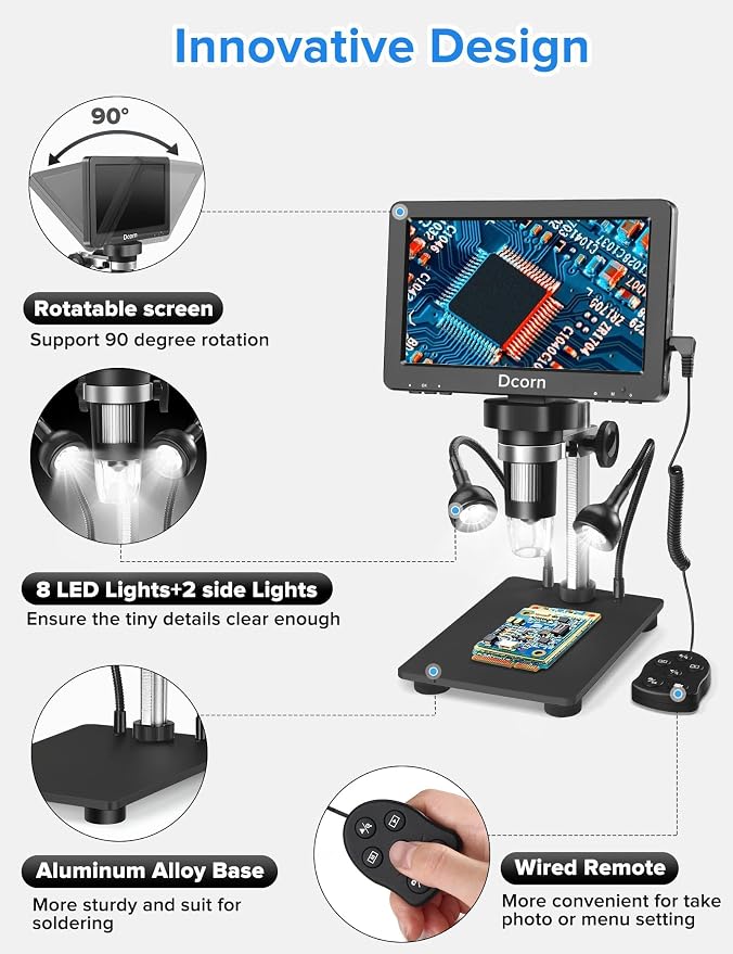 7'' Digital Microscope 1200X, 12MP 1080P Photo/Video Microscope for Adults Soldering Coins,Metal Stand,Wired Remote,10 LED Fill Lights,PC View,Windows/Mac - Black