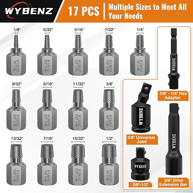 17Pcs Screw Extractor Set, 3/8" Inch Drive Easy Out Bolt Extractor Set, Multi-Spline Stripped Screw Extractor Kit, Bolt Remover for Broken Bolts, Nuts & Screws, with Extension & Adapter Accessories