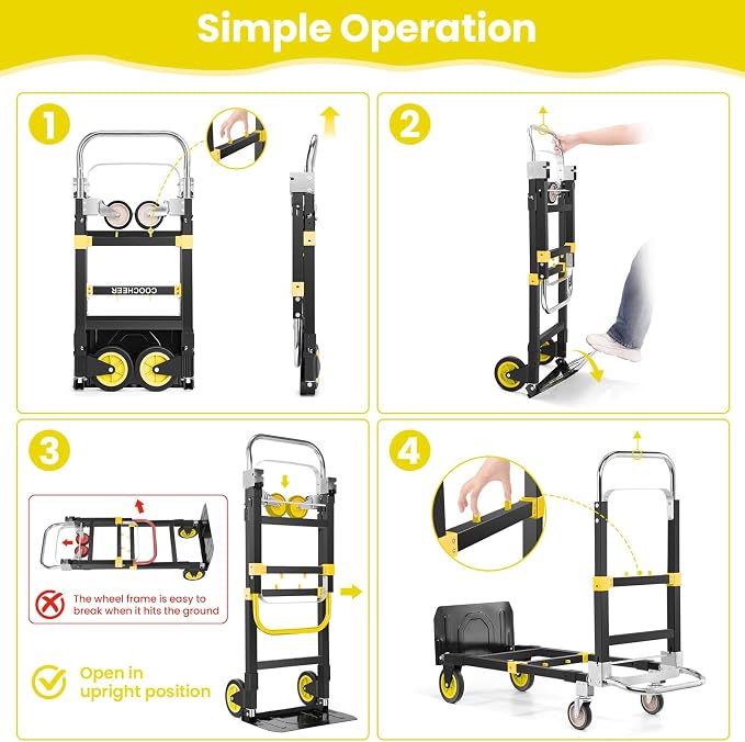 3-in-1 Convertible Heavy Duty Folding Hand Truck Dolly, 600LB Capacity with Rubber& Wheels Telescoping Handles, Portable Collapsible Cart for Warehouse, Supermarket, Office (Yellow)