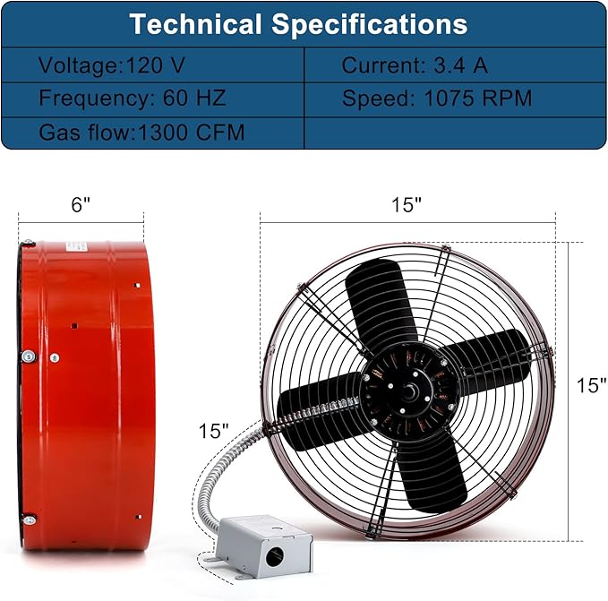 Criditpid 15" Gable Mount Vent Attic Fan, Exhaust Ventilation Fan with Adjustable Thermostat for Gable, Home, Shed, Garage, Portable Building, 3.4A, 1300CFM, 1075RPM, 1850 Sq.Ft Coverage Area, Red.