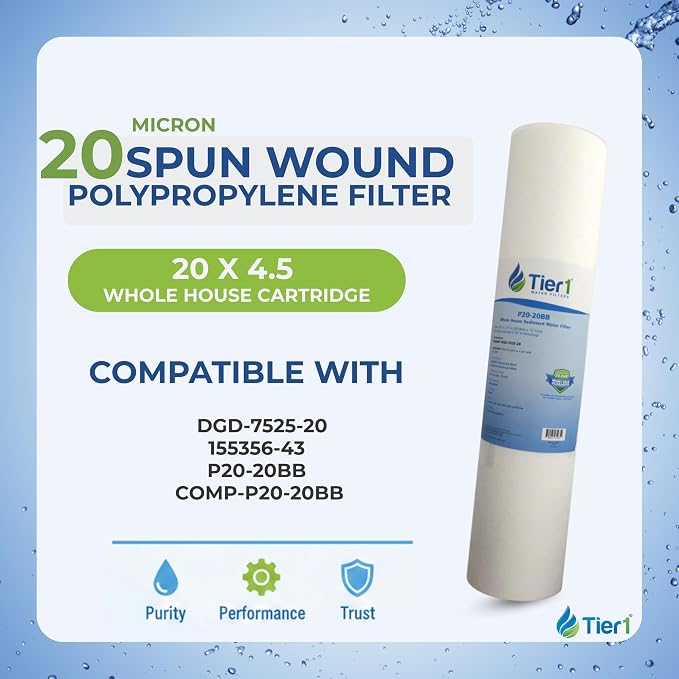 Tier1 20 Micron 20x4.5 Water Filter | Spun Wound Polypropylene Whole House Water Pre-Filter Cartridge | Replacement for Pentek DGD-7525-20,155356-43, P20-20BB | 4.5 x 20 Sediment Water Filter (4-Pack)