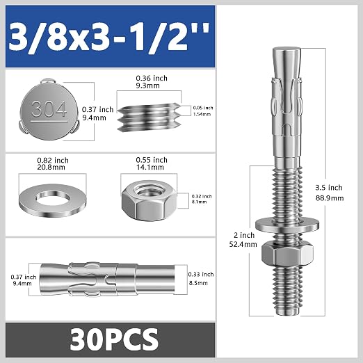 Wensilon 30Pcs 3/8x3-1/2 Inch Standard Fasteners for Heavy-Duty 304 Stainless Steel Wedge Anchors for Cement and Concrete