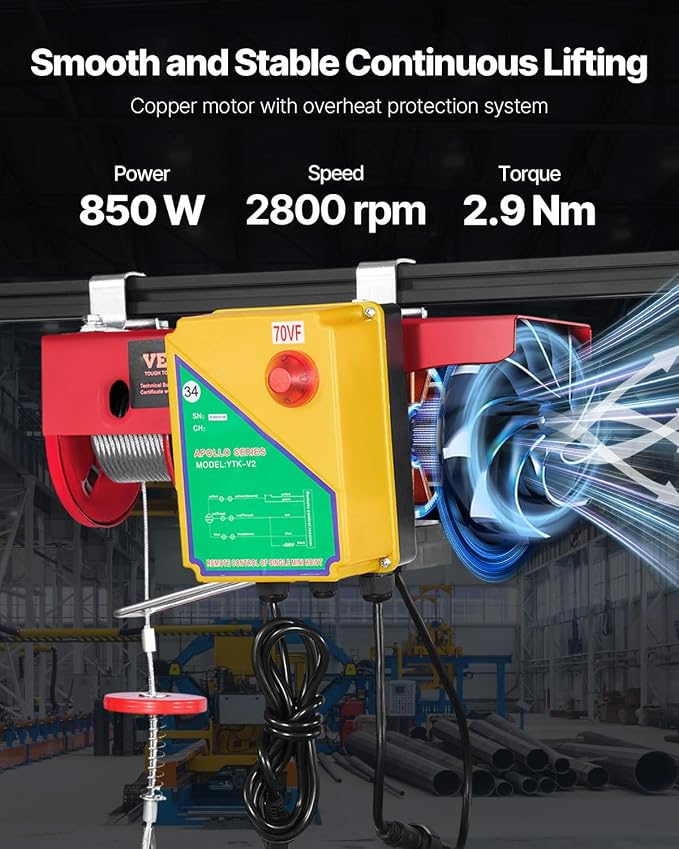 VEVOR 880lbs Electric Hoist with Wireless Remote Control, 110v Electric Hoist with Remote Control, 40ft/20ft Lifting Height Motor, for Garage Warehouse Factory