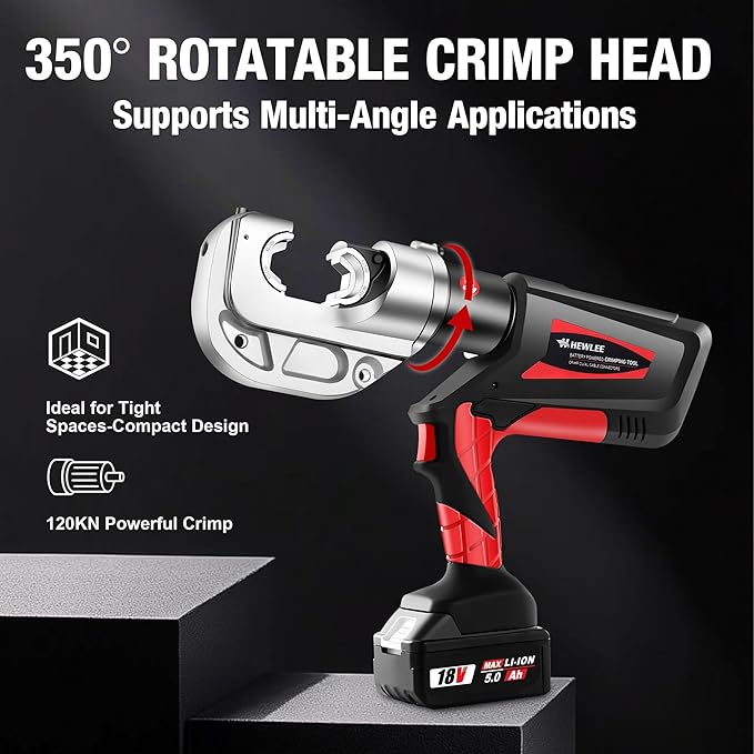 Electric Wire Cable Crimper 12TON Battery Powered Hydraulic Crimping Tool Range 6AWG to 800MCM with 12 Dies, Electricians for Circuit Repairs and Stainless Steel Deck Upgrades (HL-400B)