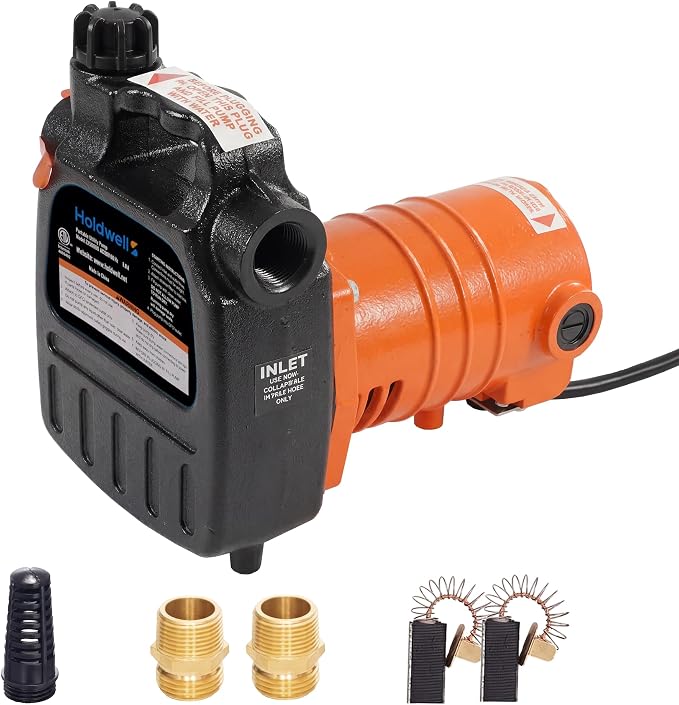 HoldwellS Cast Iron Water Transfer Pump 115V AC, 1600 GPH, 1/2HP, 120FT H | Portable Pump with Carbon Brush, Filter, Brass Connectors, for Garden, Rain Barrel, Pool, Pond, Hot Tub, Aquarium Draining