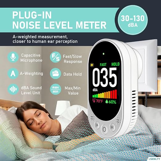 LSENLTY Decibel Meter Plug-in Wall, 30-130dBA Sound Level Meter, Data Hold&Max/Min&Fast/Slow Response 3-in-1 Noise Detector(TEM&Humidity), A-Weighted Noise Measuring Device for Classroom Home Library