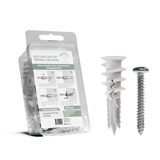 Reinforced Nylon 66 Drywall Anchors 90lb Limit, Self Drilling, Home Improvement Value Pack for Home Projects & Picture Hanging Kit, 25 Plastic Dry Wall Expansion Anchors and 25 Sheetrock Screws