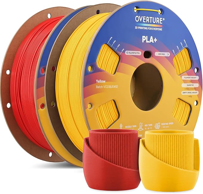 OVERTURE 2KG Bundle High Speed PLA+ 3D Printer Filament 1.75mm, Upgraded Rapid PLA 2.0 with Enhanced Toughness & Stability, 2 Pack 1kg Spool (2.2lbs) Fit Most FDM 3D Printers (Red+Yellow)