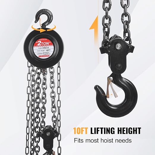 Hand Chain Hoist, 2 Ton/4400 lbs Capacity, Heavy Duty Steel Chain Fall Hoist with 10 Ft Lifting Height, Manual Chain Block Hoist with 2 Chain Hooks for Lifting in Transport & Workshop