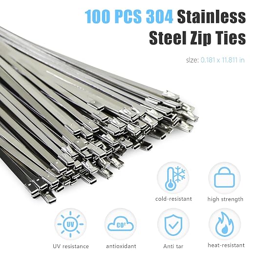 Heavy Duty Banding Strapping kit Contain 100Pcs 0.18"x 11.8" 304 Stainless Steel Zip Ties Self-Locking & Tensioner with Cutter Tool Glove