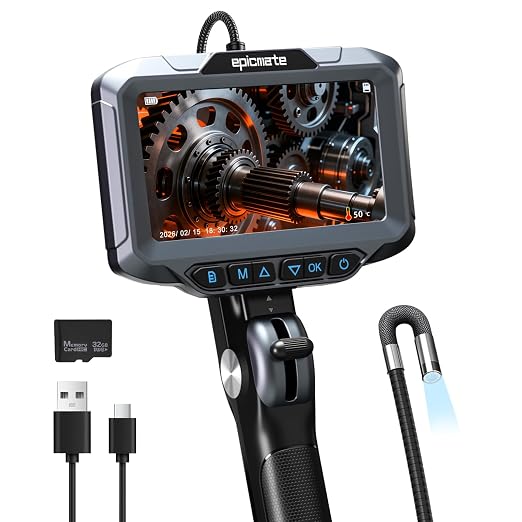 Epicmate 210°Two-Way Articulating Borescope with Light- 5" Inspection Endoscope Camera with Light, Flexible Industrial Boerscope 0.24in Probe Snake Camera for Wall Automotive, HVAC & Mechanics