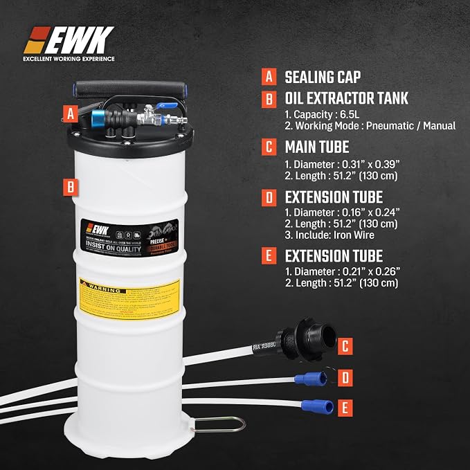 EWK Oil Change Bundle, 6.5L Pneumatic/Manual Fluid Extractor Pump + Flexible Reusable Funnel, Complete DIY & Pro Kit for Clean, Fast, Mess-Free Engine Maintenance