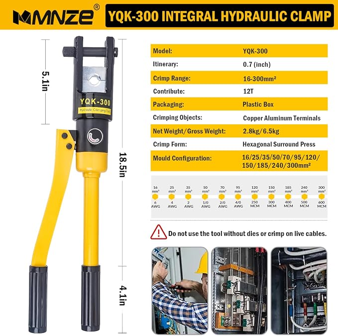 16 Ton Hydraulic Cable Lug Crimper Pliers 6 AWG to 600 MCM Hand Operated Hydraulic Crimping Tool Kit Wire Terminal Lug Battery Crimping Crimper with 11 Dies